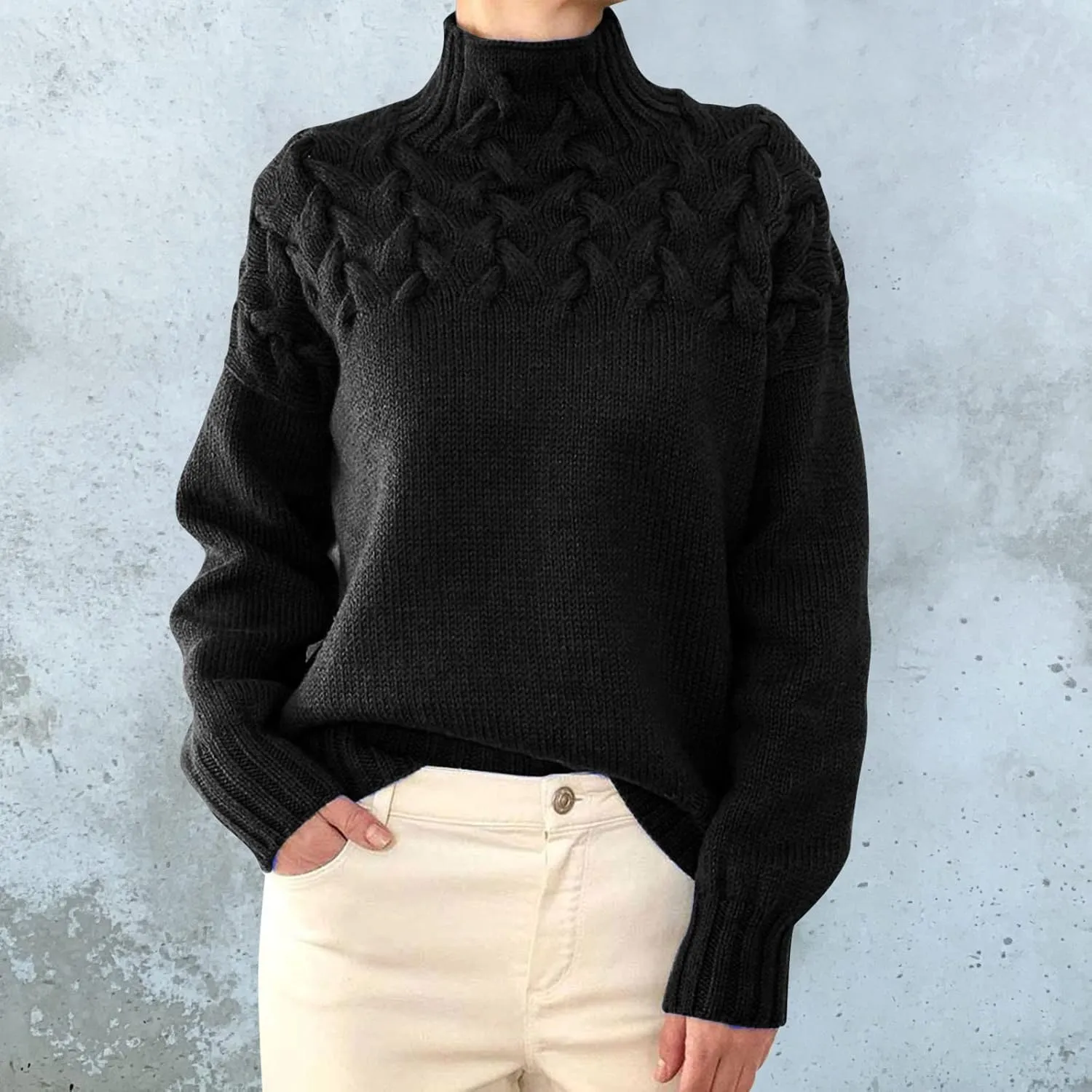 iLH Womens Turtleneck Sweaters Rib Knit Patchwork Chunky Pullover Sweaters for Women Fall Winter Leisure Sweaters Loose