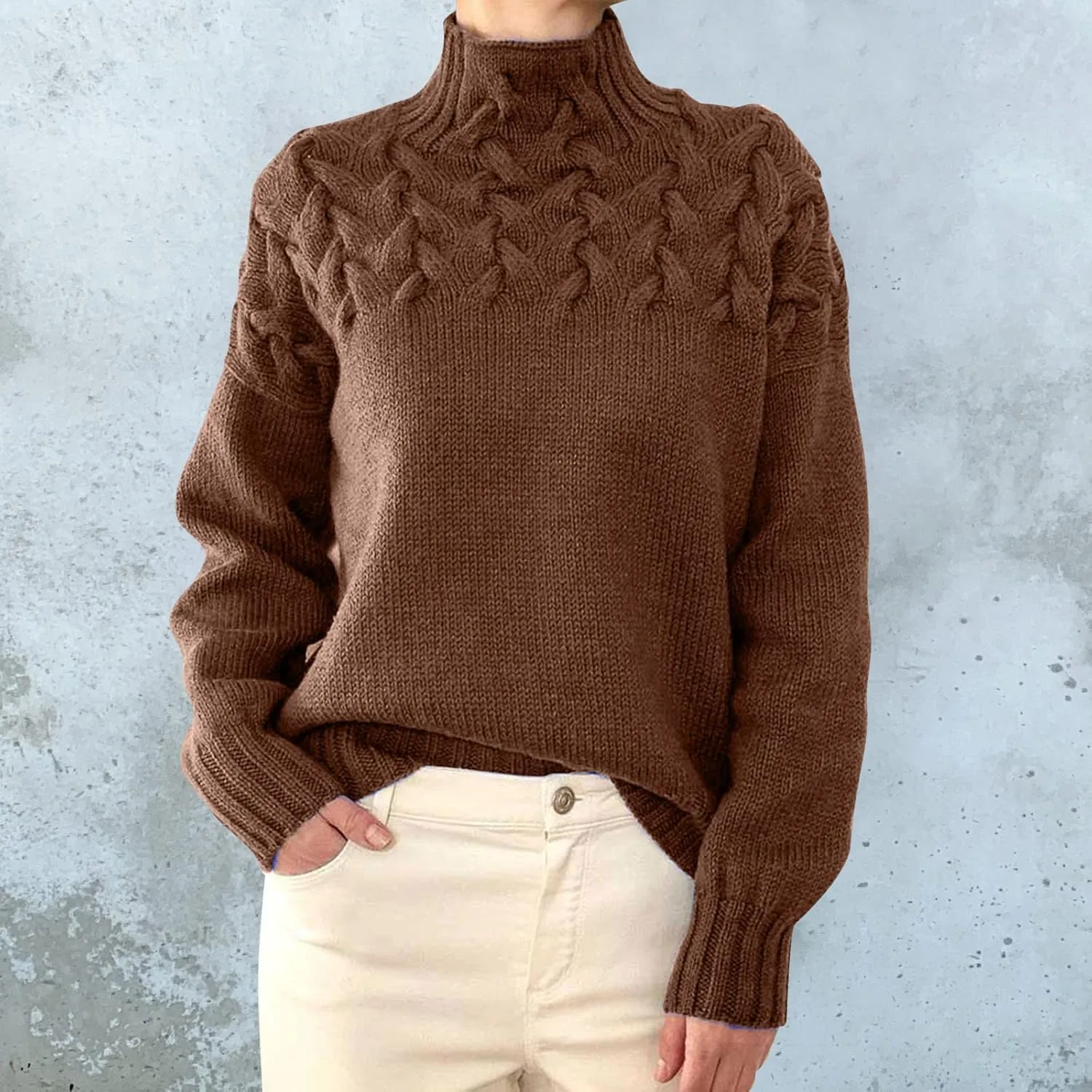 iLH Womens Turtleneck Sweaters Rib Knit Patchwork Chunky Pullover Sweaters for Women Fall Winter Leisure Sweaters Loose
