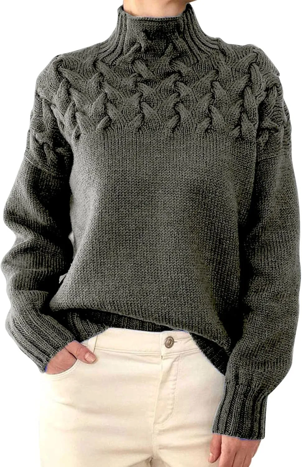 iLH Womens Turtleneck Sweaters Rib Knit Patchwork Chunky Pullover Sweaters for Women Fall Winter Leisure Sweaters Loose