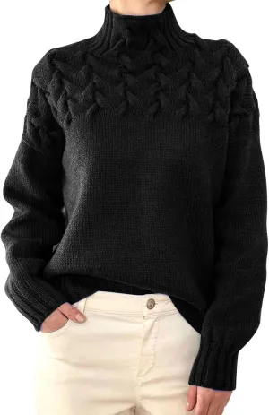 iLH Womens Turtleneck Sweaters Rib Knit Patchwork Chunky Pullover Sweaters for Women Fall Winter Leisure Sweaters Loose
