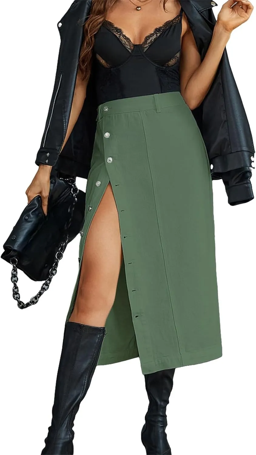 Irregular Slit Denim high Waist Maxi Skirt, Washed Button Front Denim Long Skirt Midi Length A Line Denim Jean Pencil Skirt