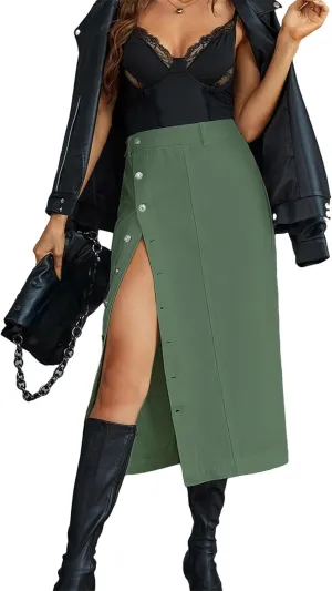 Irregular Slit Denim high Waist Maxi Skirt, Washed Button Front Denim Long Skirt Midi Length A Line Denim Jean Pencil Skirt