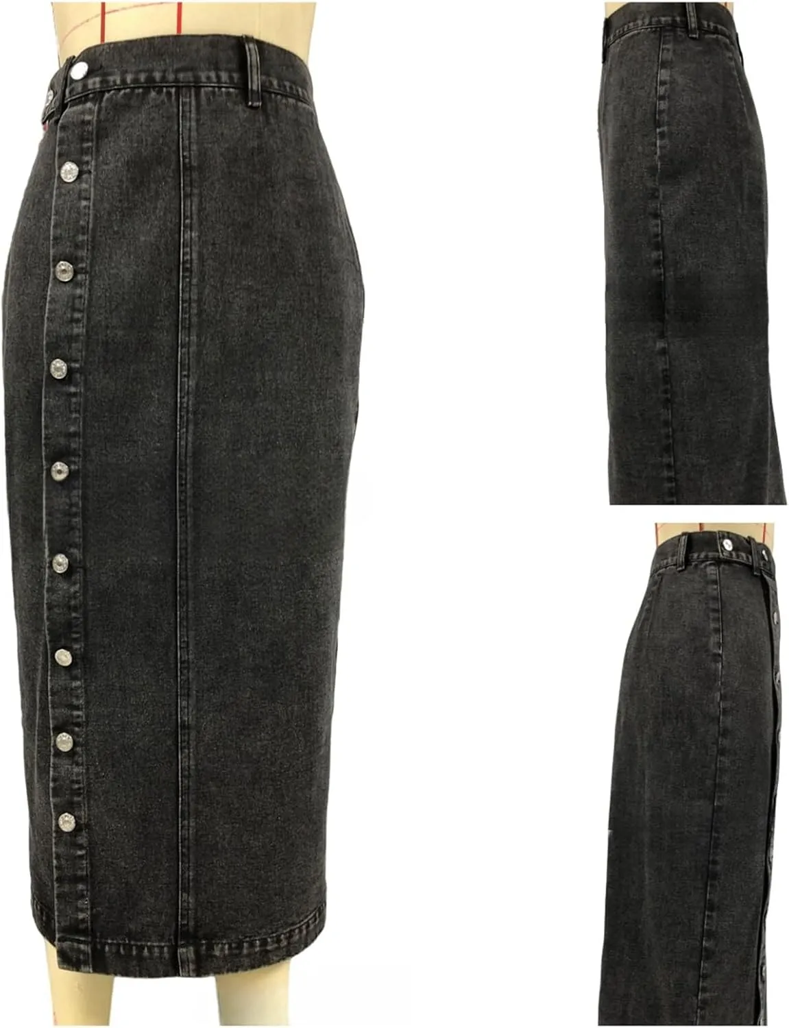 Irregular Slit Denim high Waist Maxi Skirt, Washed Button Front Denim Long Skirt Midi Length A Line Denim Jean Pencil Skirt