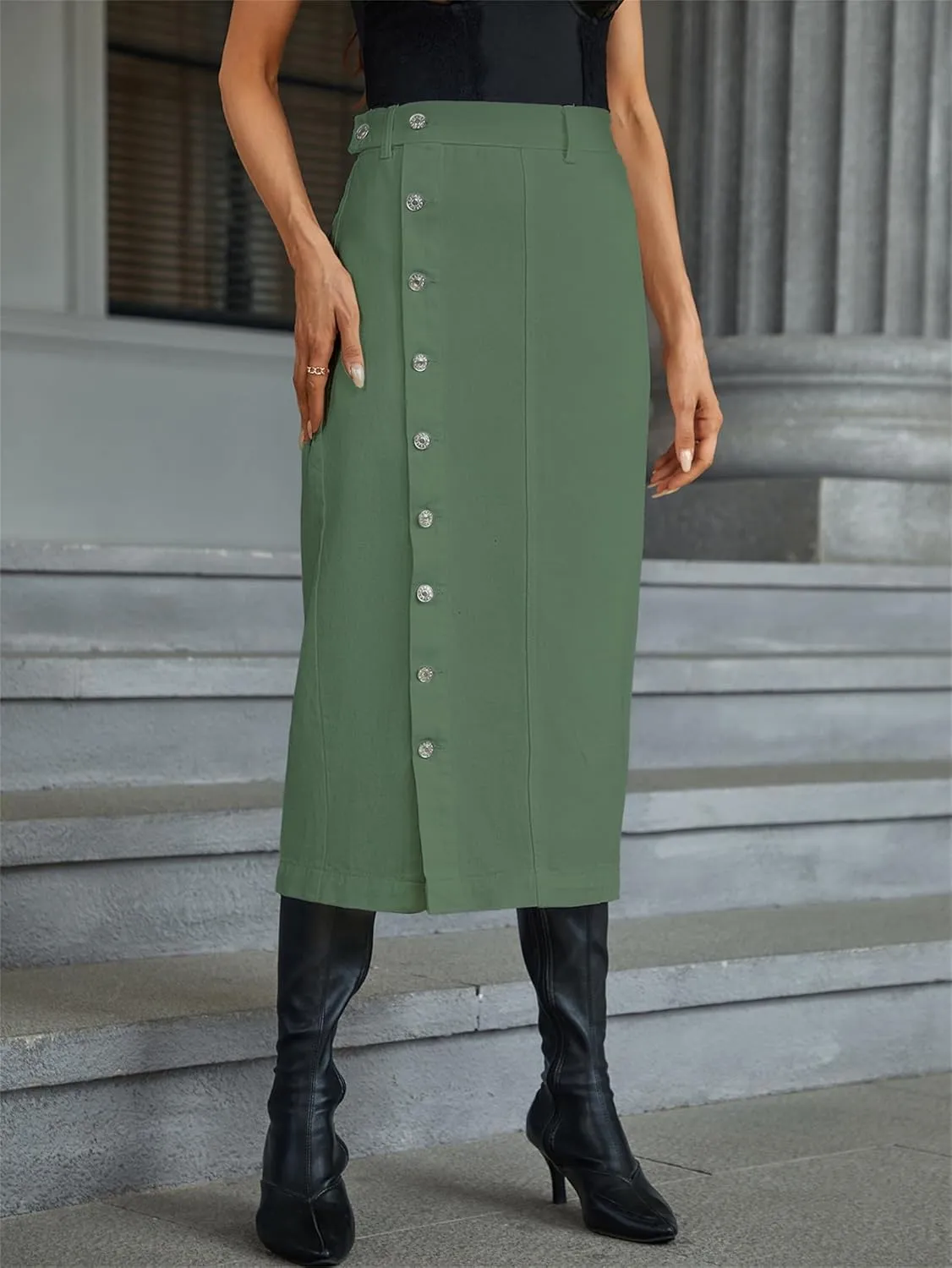 Irregular Slit Denim high Waist Maxi Skirt, Washed Button Front Denim Long Skirt Midi Length A Line Denim Jean Pencil Skirt