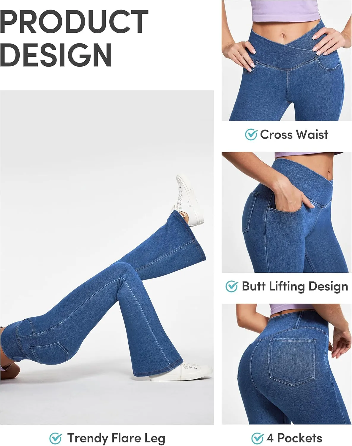 IUGA Bell Bottom Jeans for Women High Waisted Stretchy Flare Jeans Pull On Wide Leg Jeans V Cross Tummy Control Flare Pants