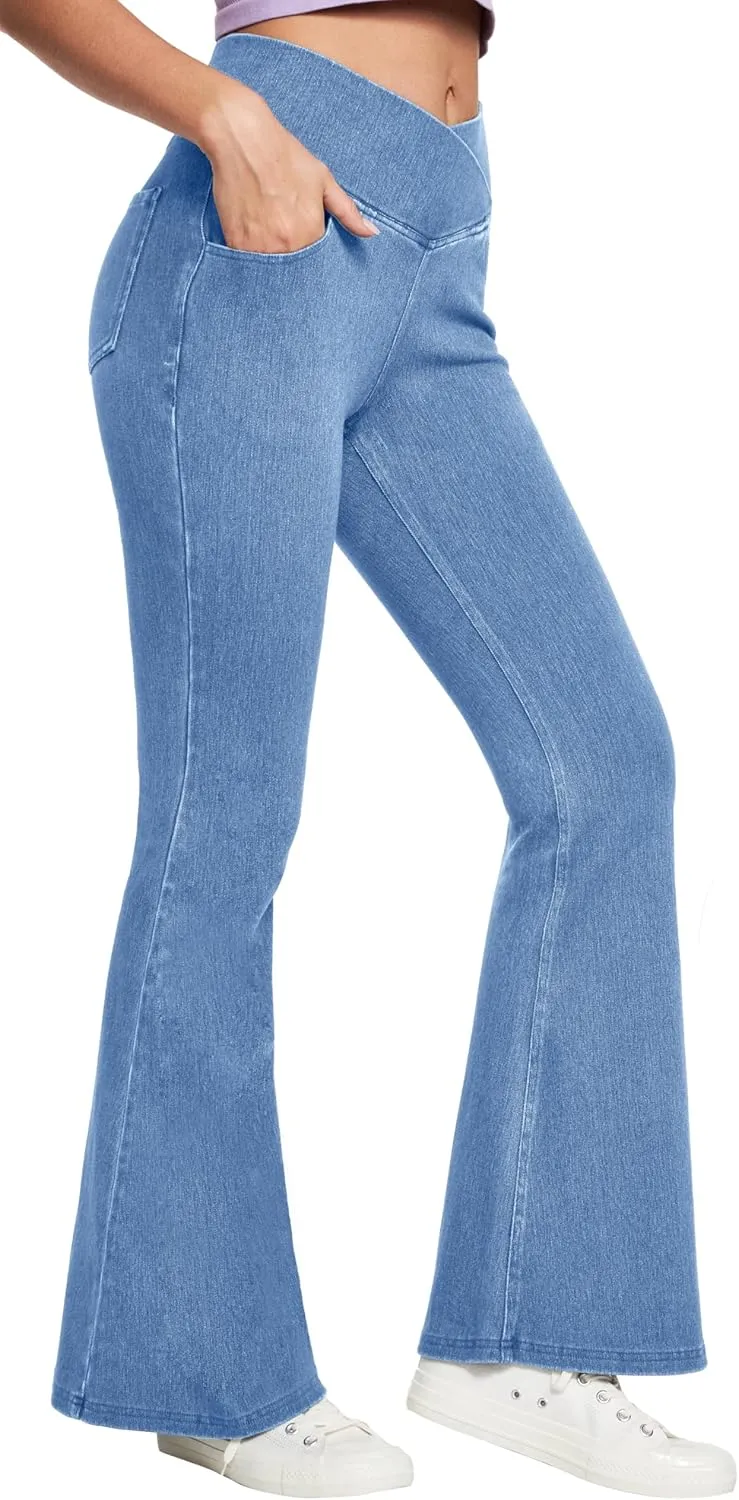 IUGA Bell Bottom Jeans for Women High Waisted Stretchy Flare Jeans Pull On Wide Leg Jeans V Cross Tummy Control Flare Pants