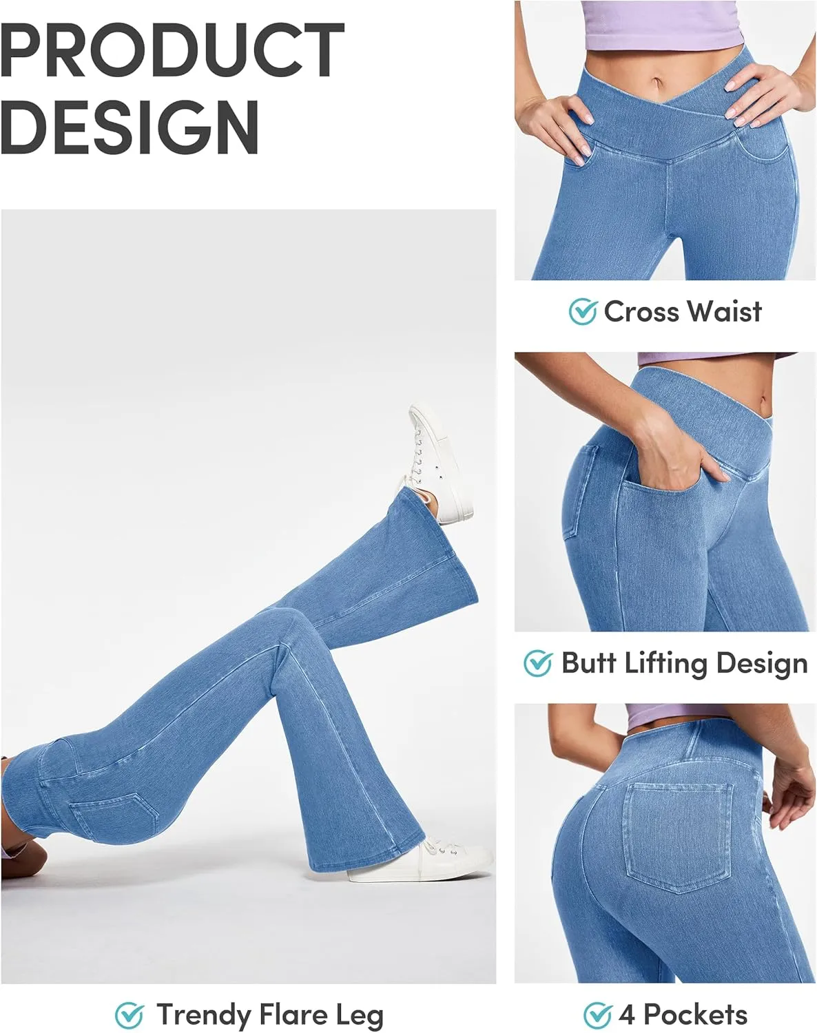 IUGA Bell Bottom Jeans for Women High Waisted Stretchy Flare Jeans Pull On Wide Leg Jeans V Cross Tummy Control Flare Pants