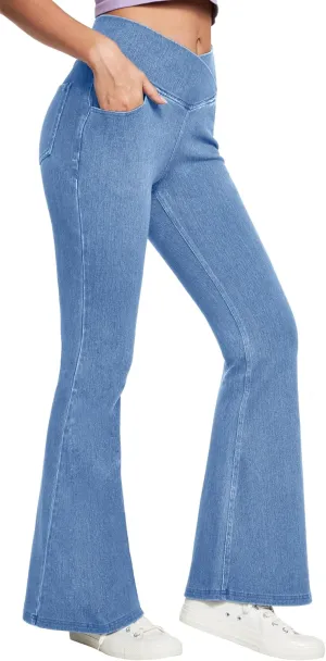 IUGA Bell Bottom Jeans for Women High Waisted Stretchy Flare Jeans Pull On Wide Leg Jeans V Cross Tummy Control Flare Pants