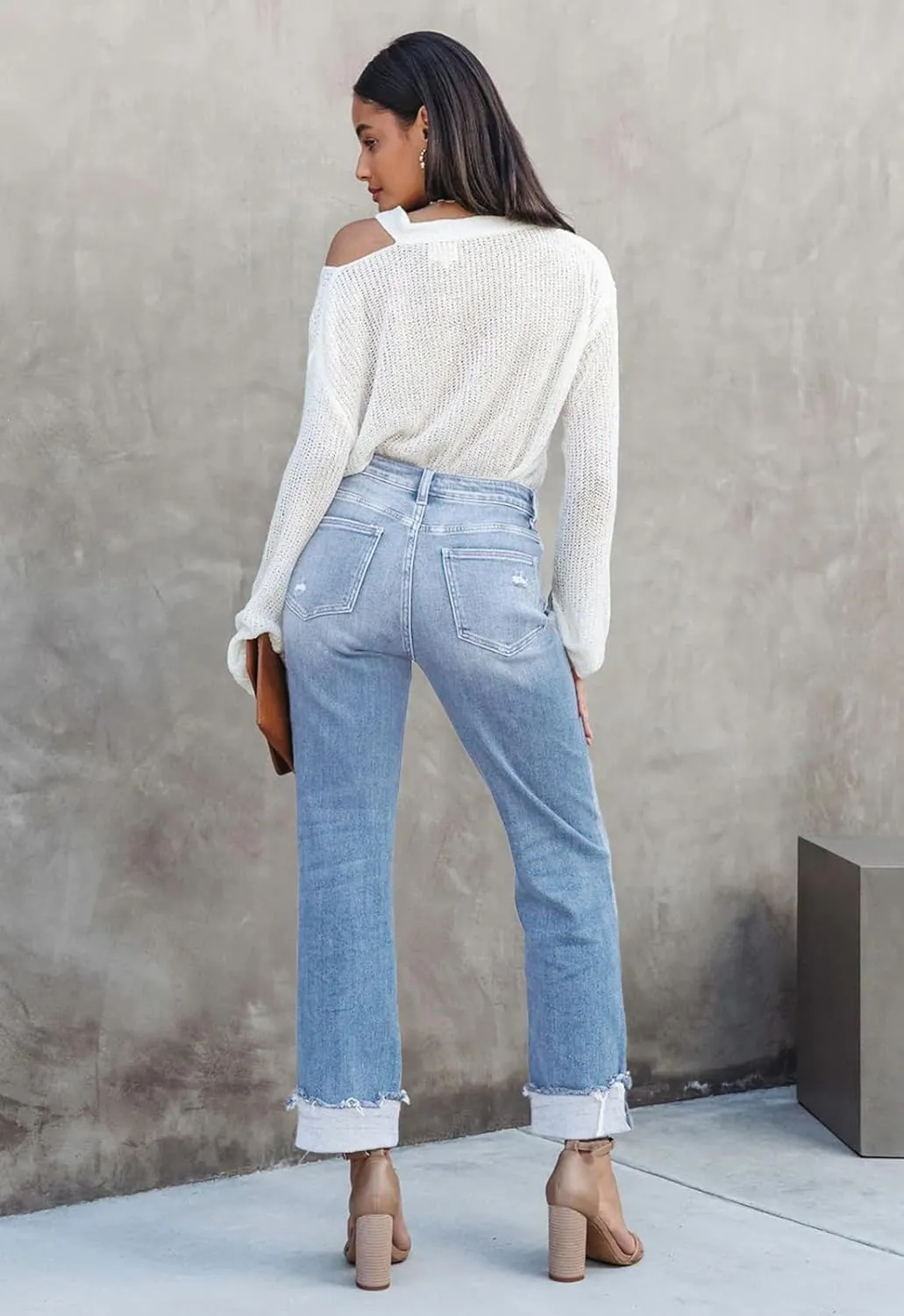 Jeans for Women Trendy High Waisted Corssover Boyfriend Jeans Distressed Stretchy Denim Pants