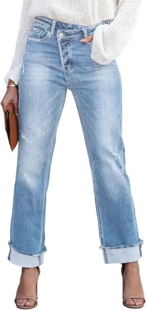 Jeans for Women Trendy High Waisted Corssover Boyfriend Jeans Distressed Stretchy Denim Pants