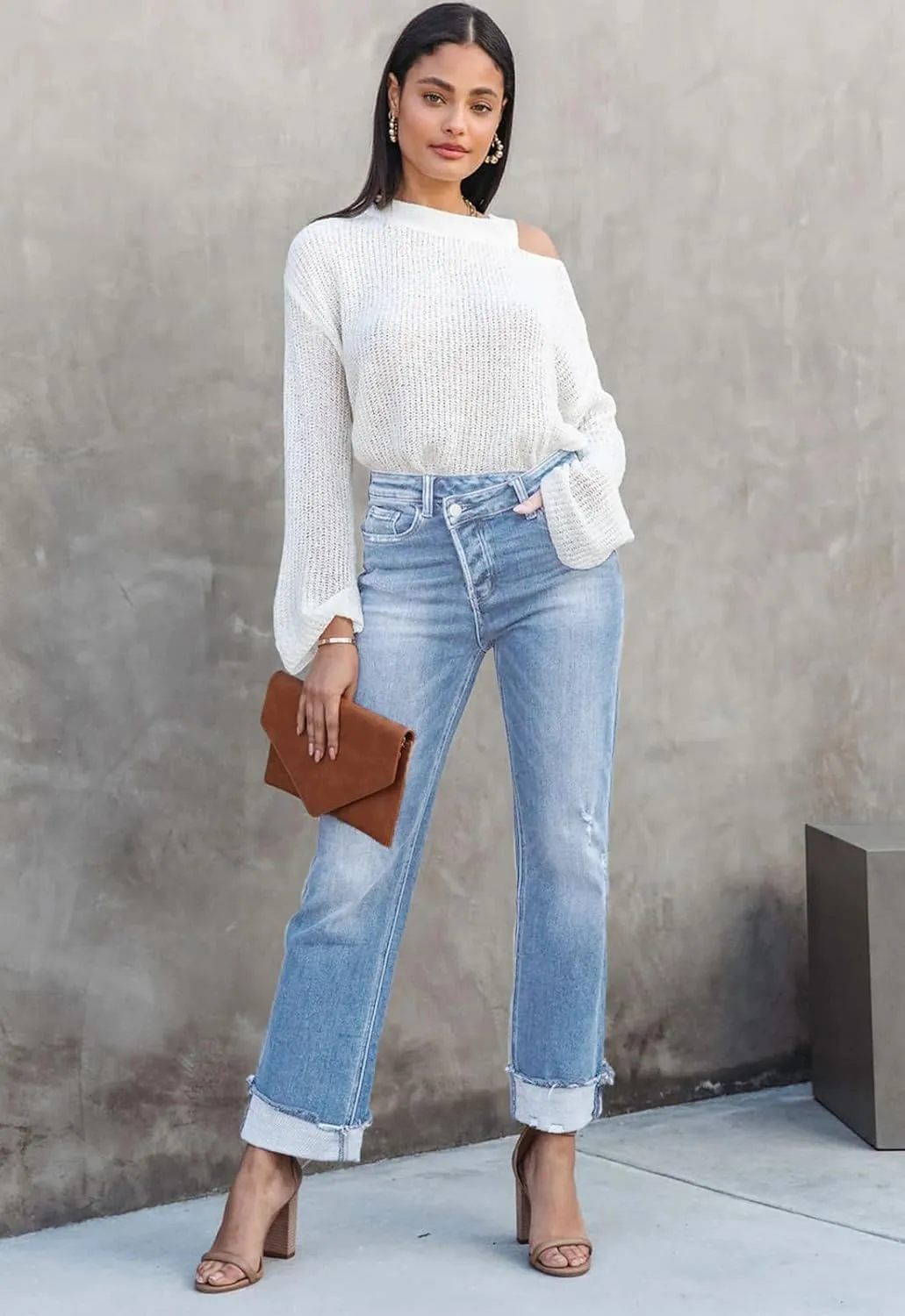 Jeans for Women Trendy High Waisted Corssover Boyfriend Jeans Distressed Stretchy Denim Pants
