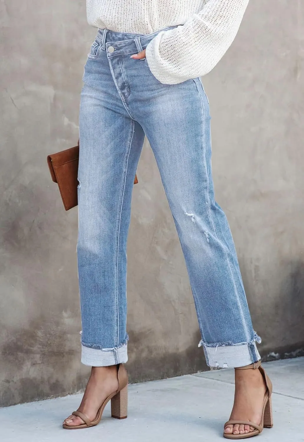 Jeans for Women Trendy High Waisted Corssover Boyfriend Jeans Distressed Stretchy Denim Pants