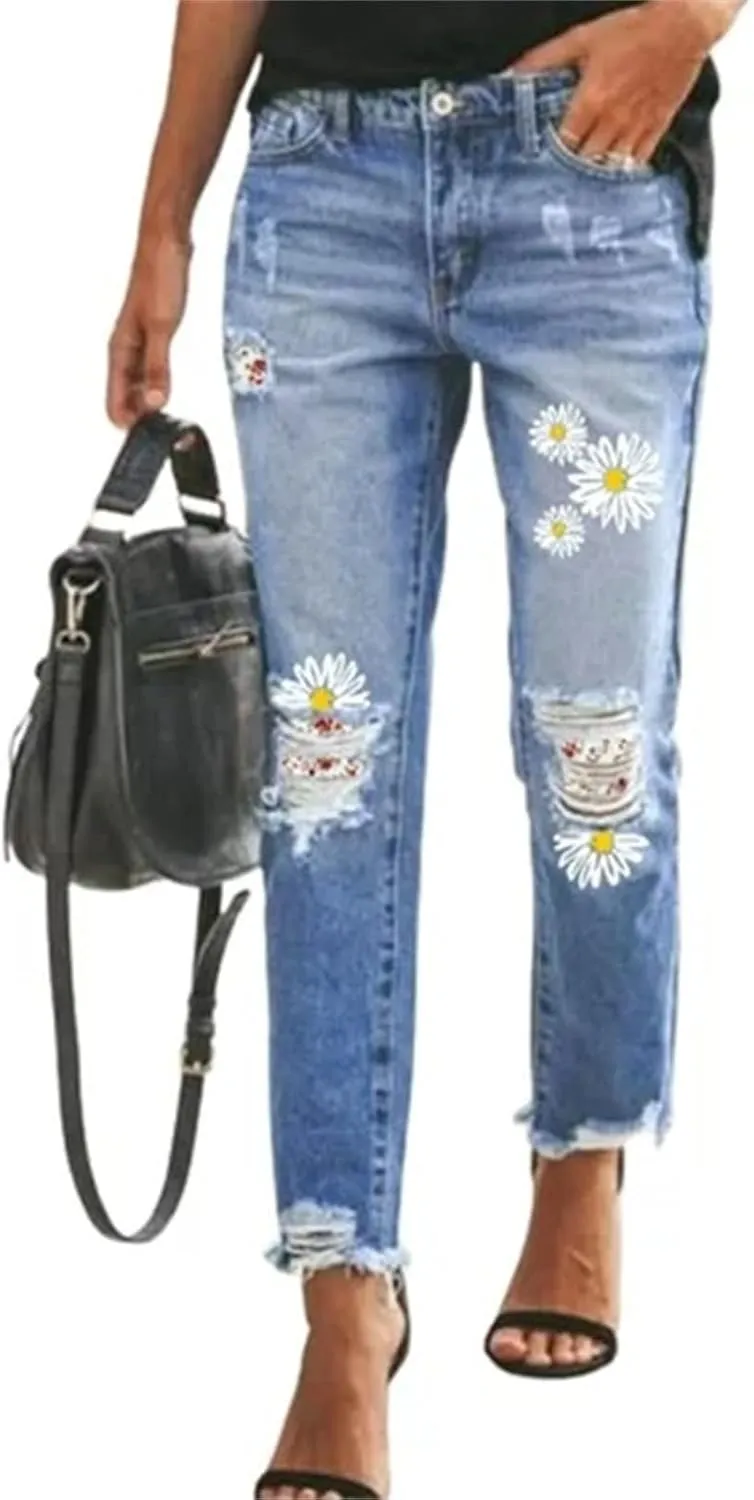 Jeans for Women Women Distressed Hem Washed Boyfriend Jeans Straight Leg Denim Pants on Pants