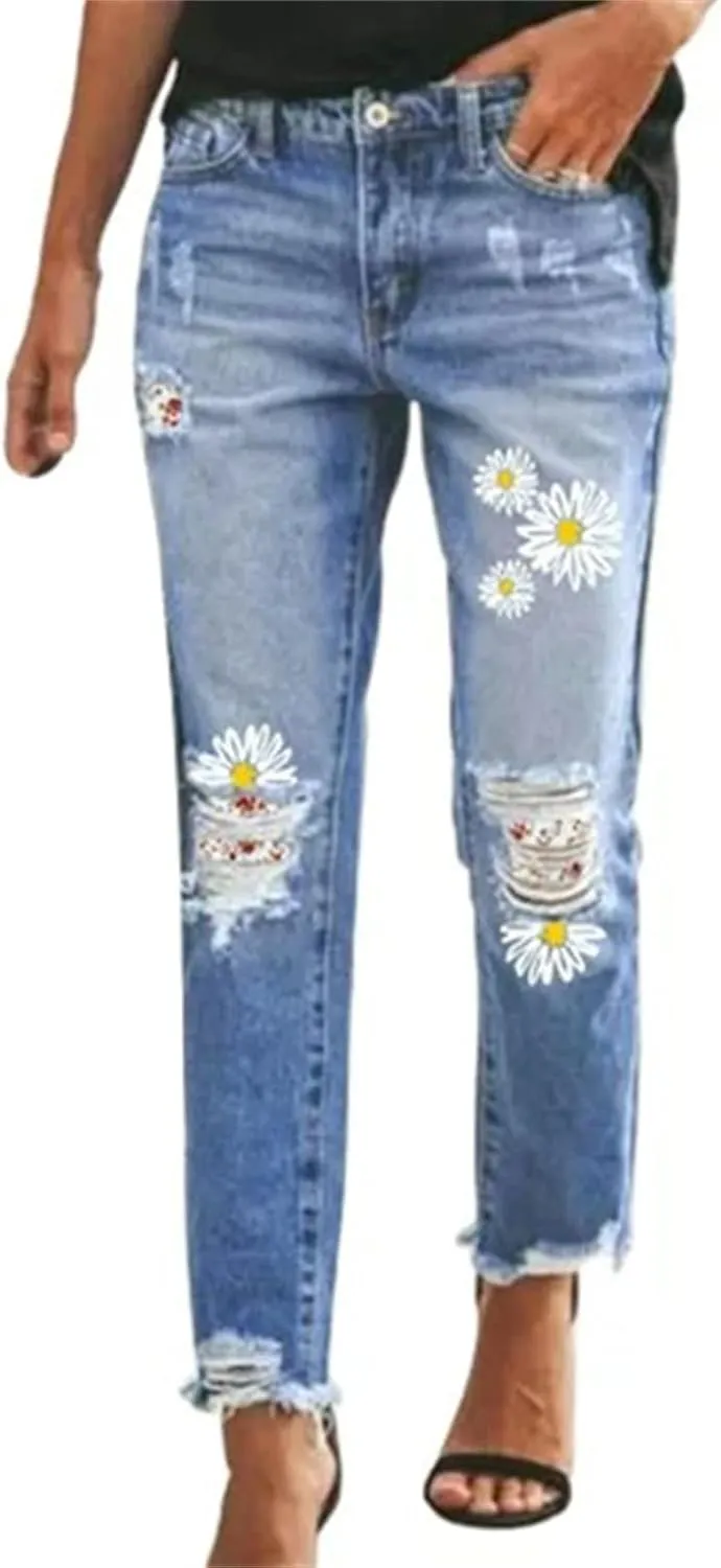 Jeans for Women Women Distressed Hem Washed Boyfriend Jeans Straight Leg Denim Pants on Pants
