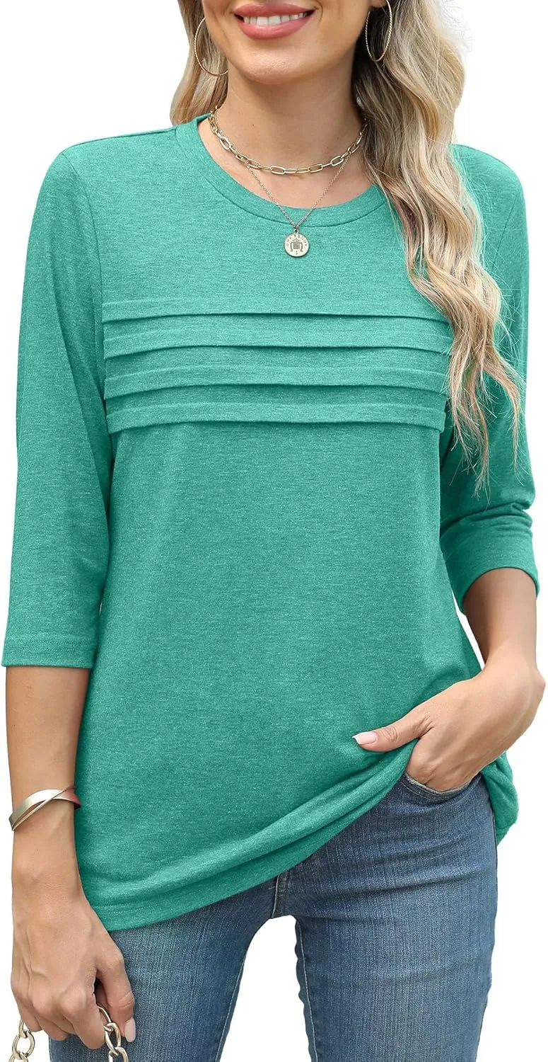 JomeDesign 3/4 Length Sleeve Womens Tops Round Neck Casual Tunic Tops Pleated Shirts Dressy