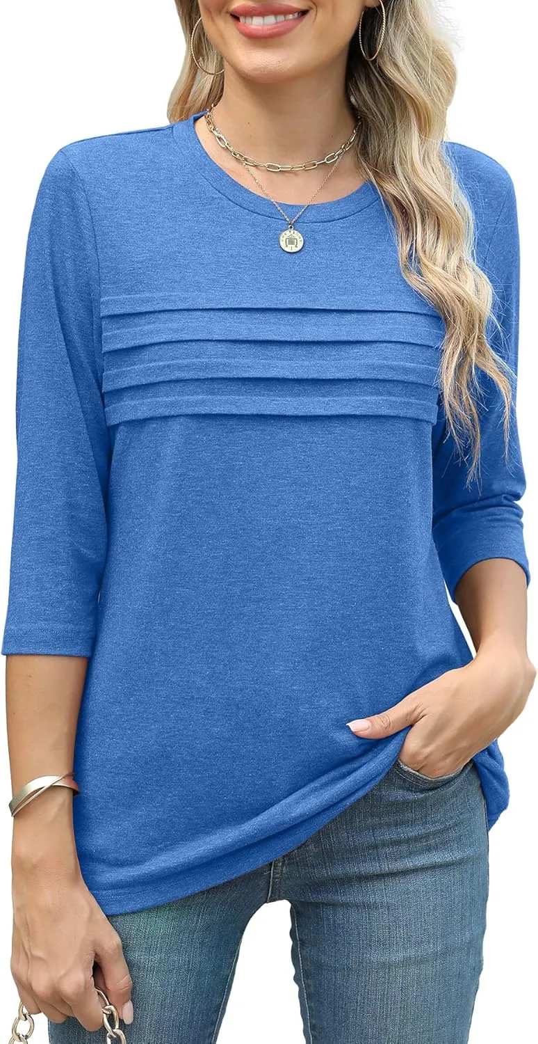 JomeDesign 3/4 Length Sleeve Womens Tops Round Neck Casual Tunic Tops Pleated Shirts Dressy