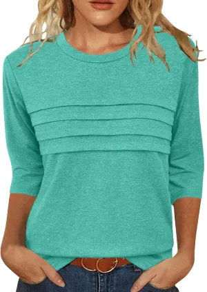 JomeDesign 3/4 Length Sleeve Womens Tops Round Neck Casual Tunic Tops Pleated Shirts Dressy