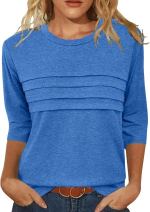 JomeDesign 3/4 Length Sleeve Womens Tops Round Neck Casual Tunic Tops Pleated Shirts Dressy