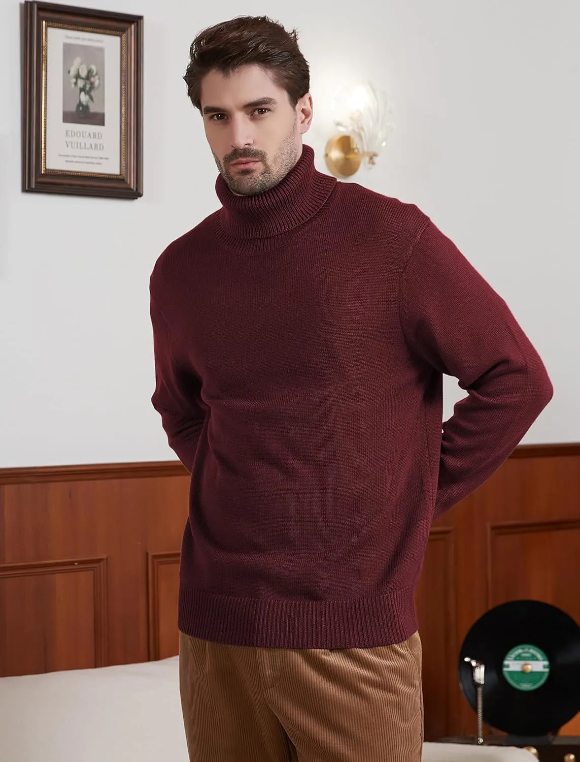 Kallspin Men's Turtleneck Sweaters Wool Blend Mid-Weight Highneck Pullover Sweaters
