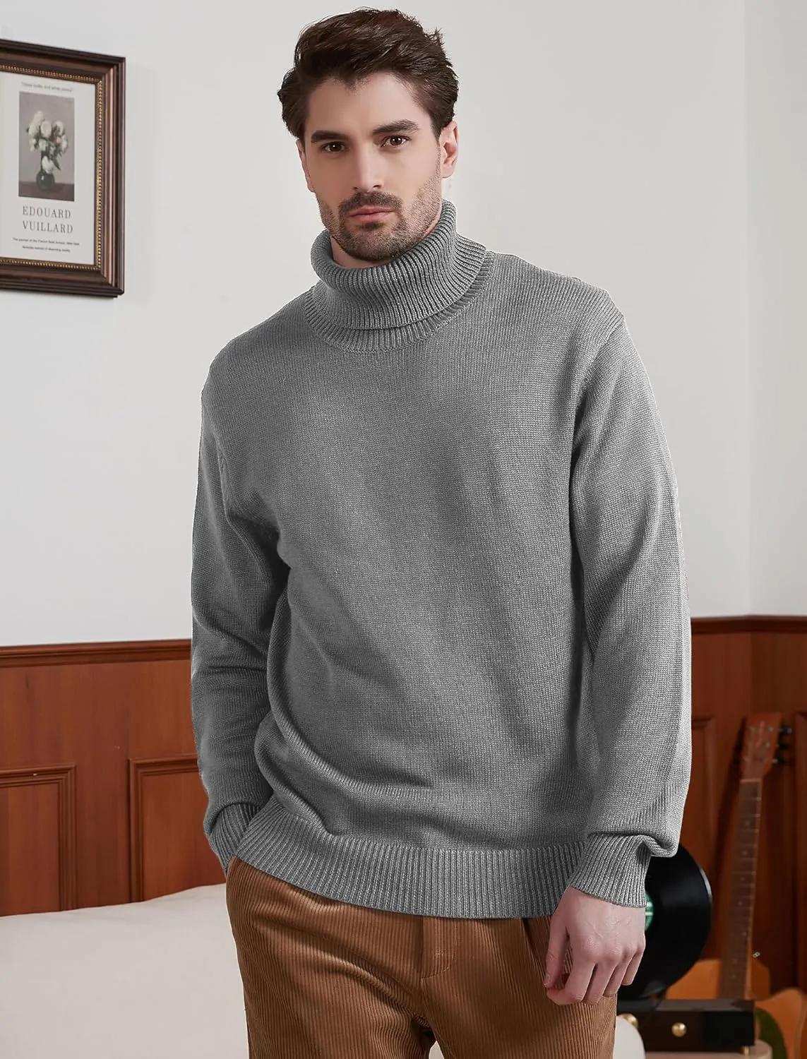 Kallspin Men's Turtleneck Sweaters Wool Blend Mid-Weight Highneck Pullover Sweaters