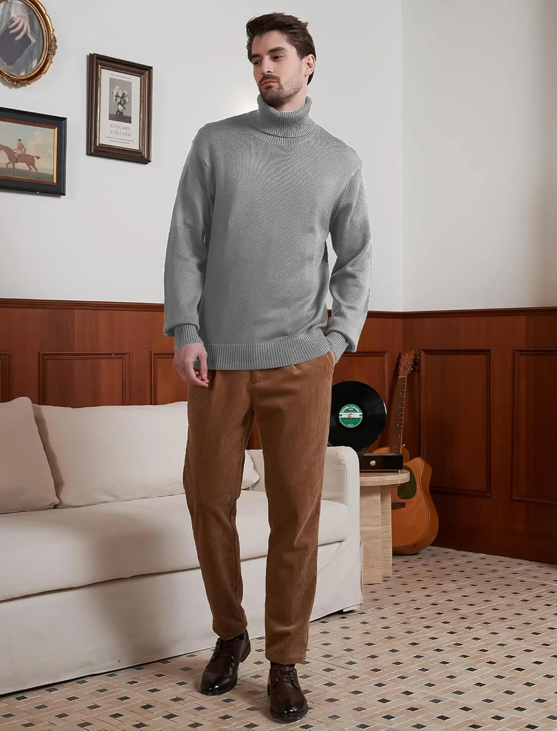 Kallspin Men's Turtleneck Sweaters Wool Blend Mid-Weight Highneck Pullover Sweaters