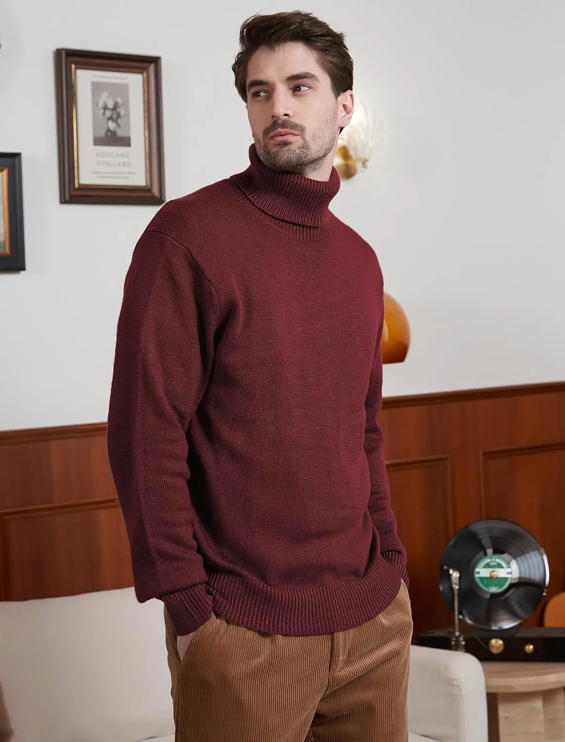 Kallspin Men's Turtleneck Sweaters Wool Blend Mid-Weight Highneck Pullover Sweaters
