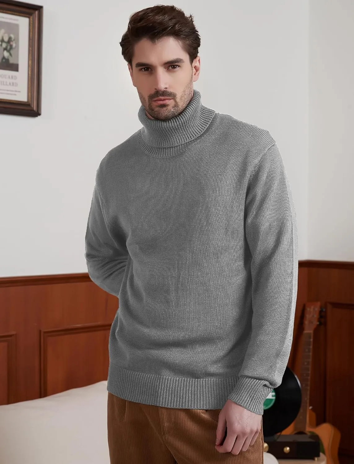 Kallspin Men's Turtleneck Sweaters Wool Blend Mid-Weight Highneck Pullover Sweaters