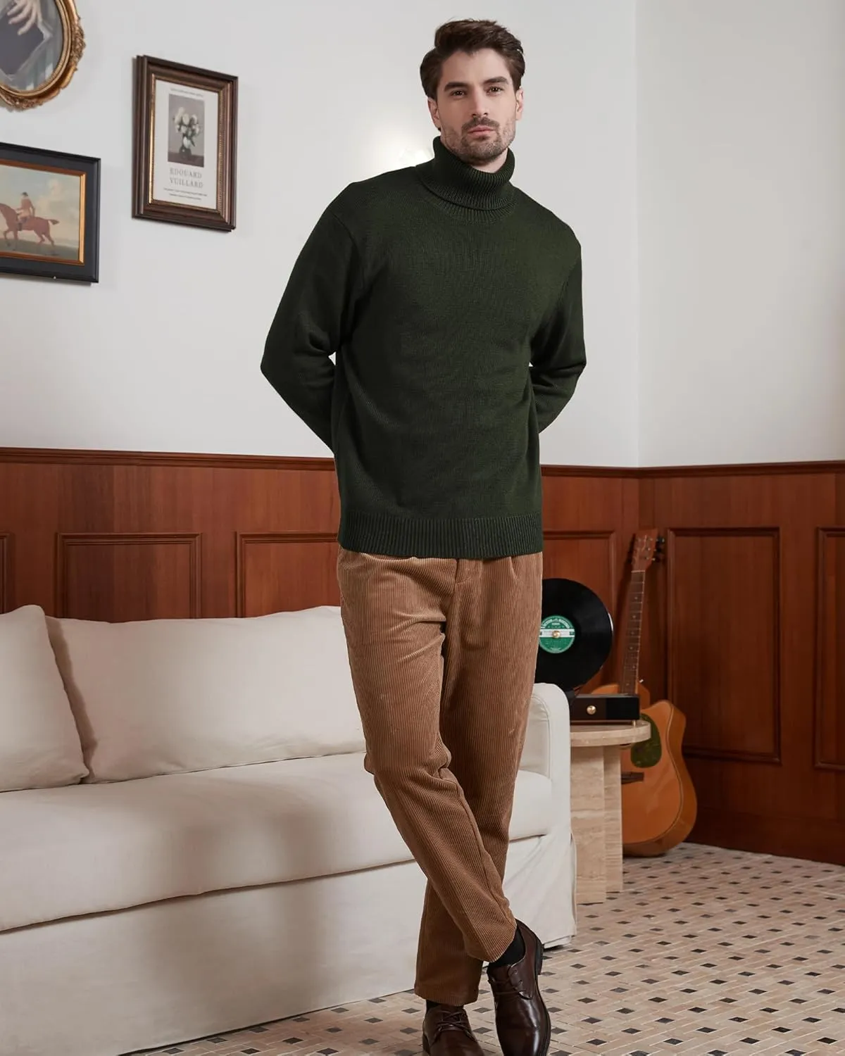 Kallspin Men's Turtleneck Sweaters Wool Blend Mid-Weight Highneck Pullover Sweaters
