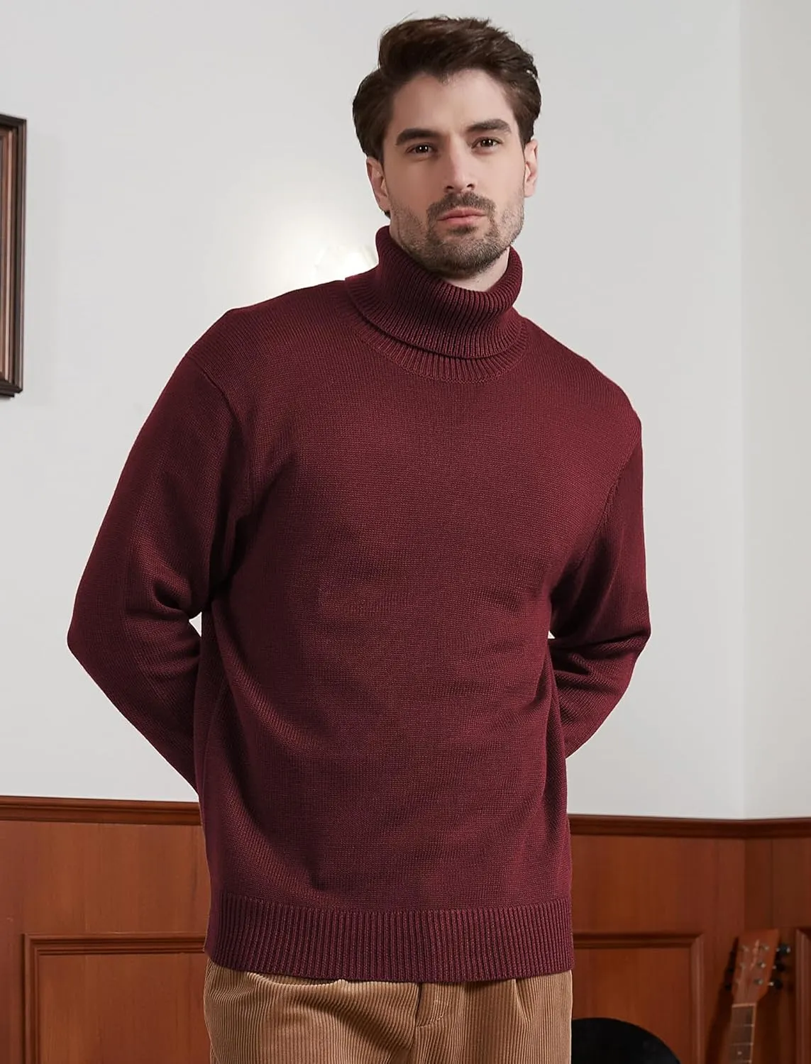 Kallspin Men's Turtleneck Sweaters Wool Blend Mid-Weight Highneck Pullover Sweaters