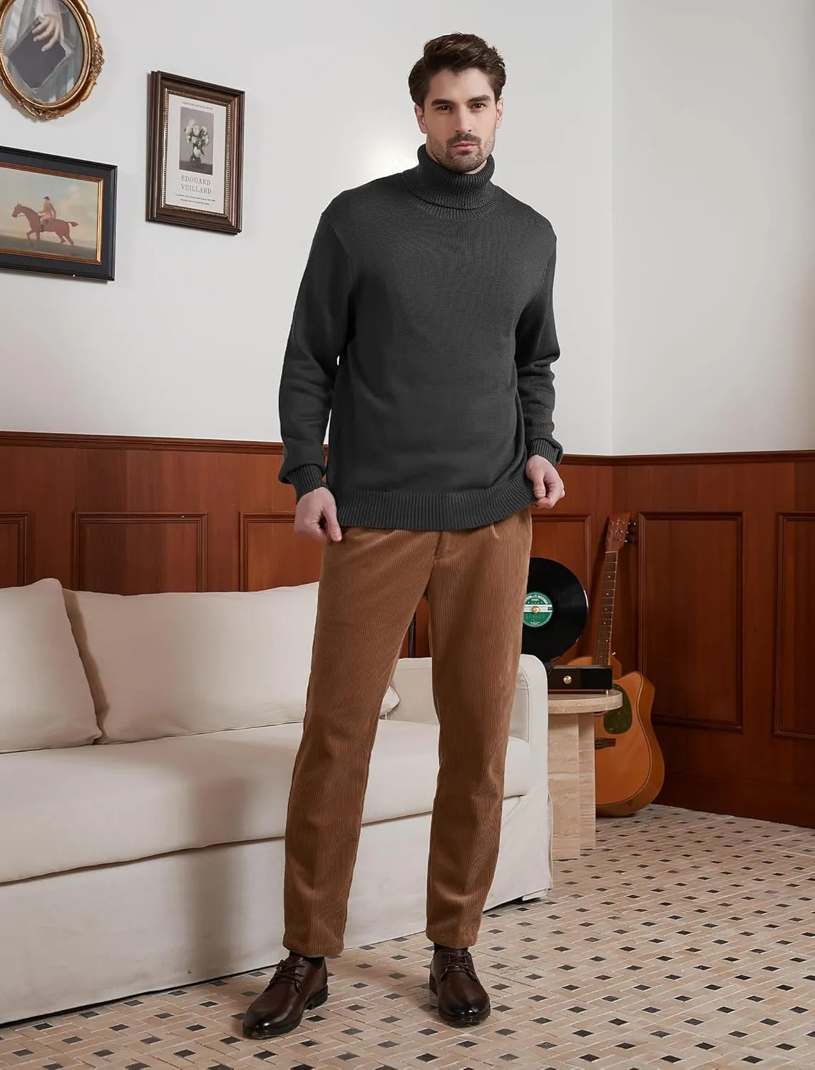 Kallspin Men's Turtleneck Sweaters Wool Blend Mid-Weight Highneck Pullover Sweaters