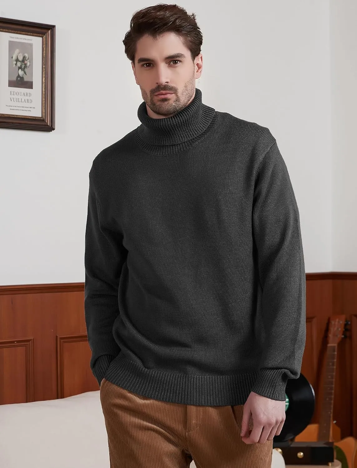 Kallspin Men's Turtleneck Sweaters Wool Blend Mid-Weight Highneck Pullover Sweaters