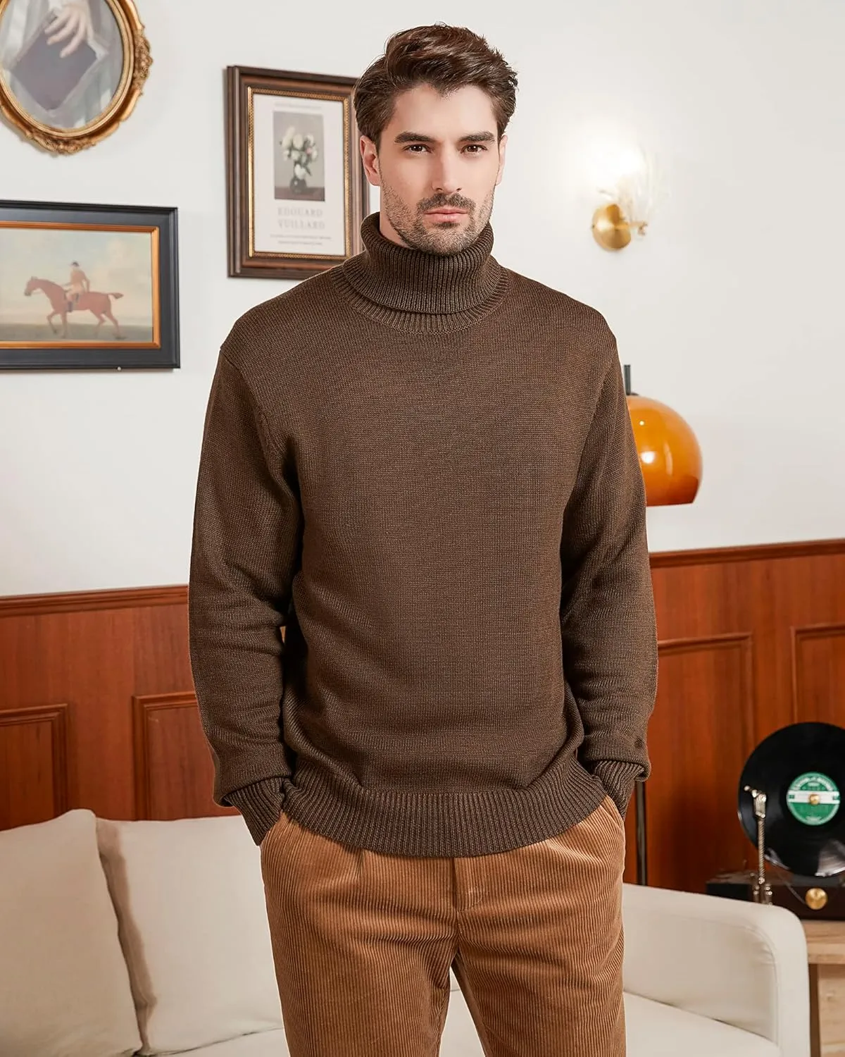 Kallspin Men's Turtleneck Sweaters Wool Blend Mid-Weight Highneck Pullover Sweaters