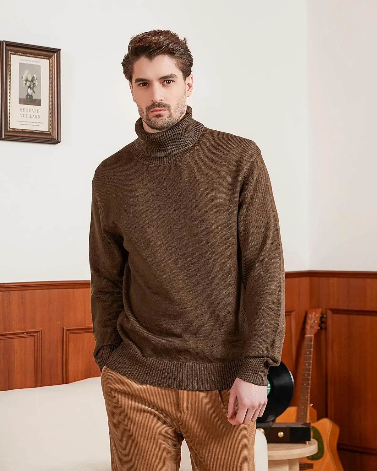 Kallspin Men's Turtleneck Sweaters Wool Blend Mid-Weight Highneck Pullover Sweaters