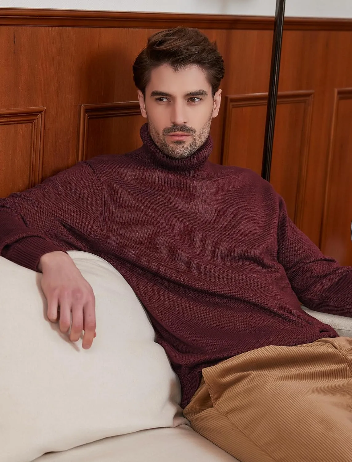 Kallspin Men's Turtleneck Sweaters Wool Blend Mid-Weight Highneck Pullover Sweaters