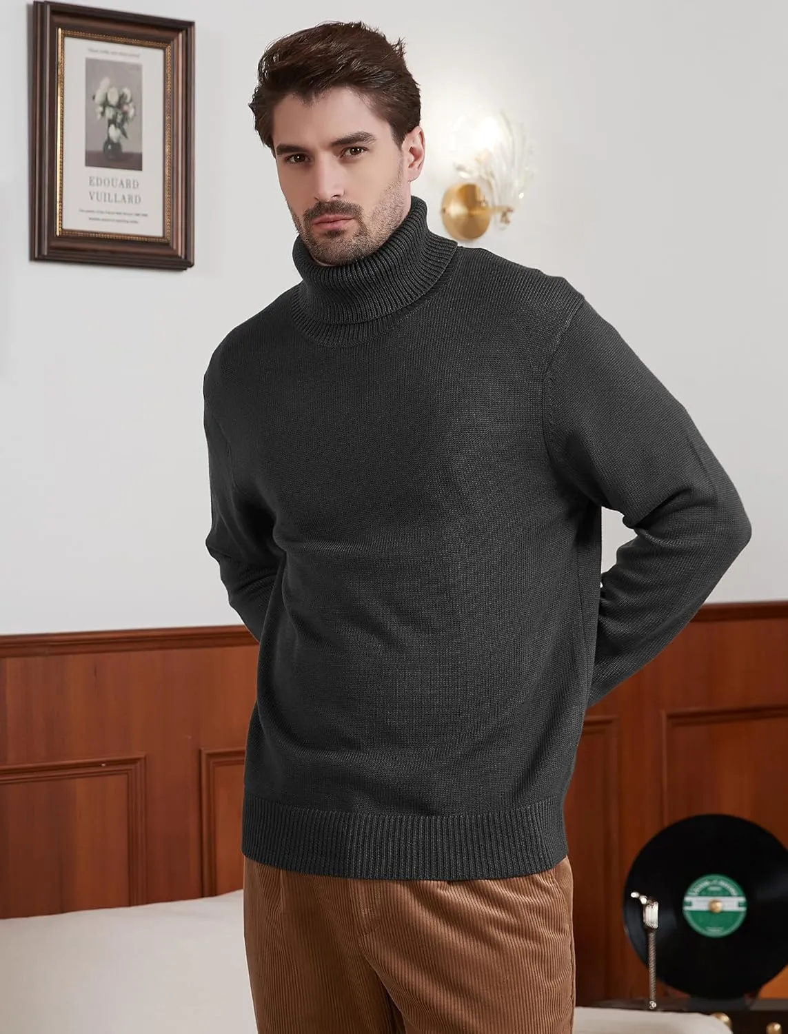 Kallspin Men's Turtleneck Sweaters Wool Blend Mid-Weight Highneck Pullover Sweaters