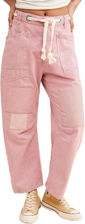 Kedera Women Striped Barrel Jeans Casual Loose Denim Jeans Wide Leg Baggy Pants Mid Waist Boyfriend Jeans Y2k