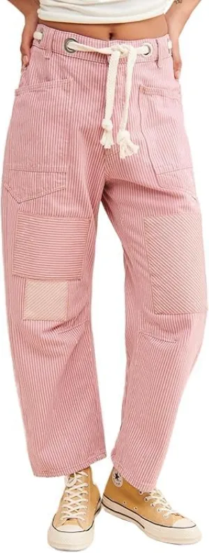 Kedera Women Striped Barrel Jeans Casual Loose Denim Jeans Wide Leg Baggy Pants Mid Waist Boyfriend Jeans Y2k
