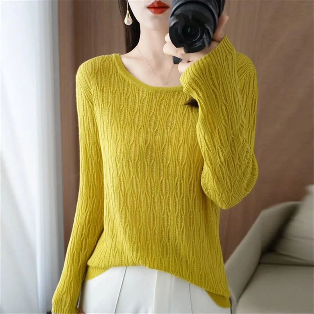 Ladies Hollow Out Cable Knit Pullover Sweaters Women's Crewneck Crochet Knit Sweaters