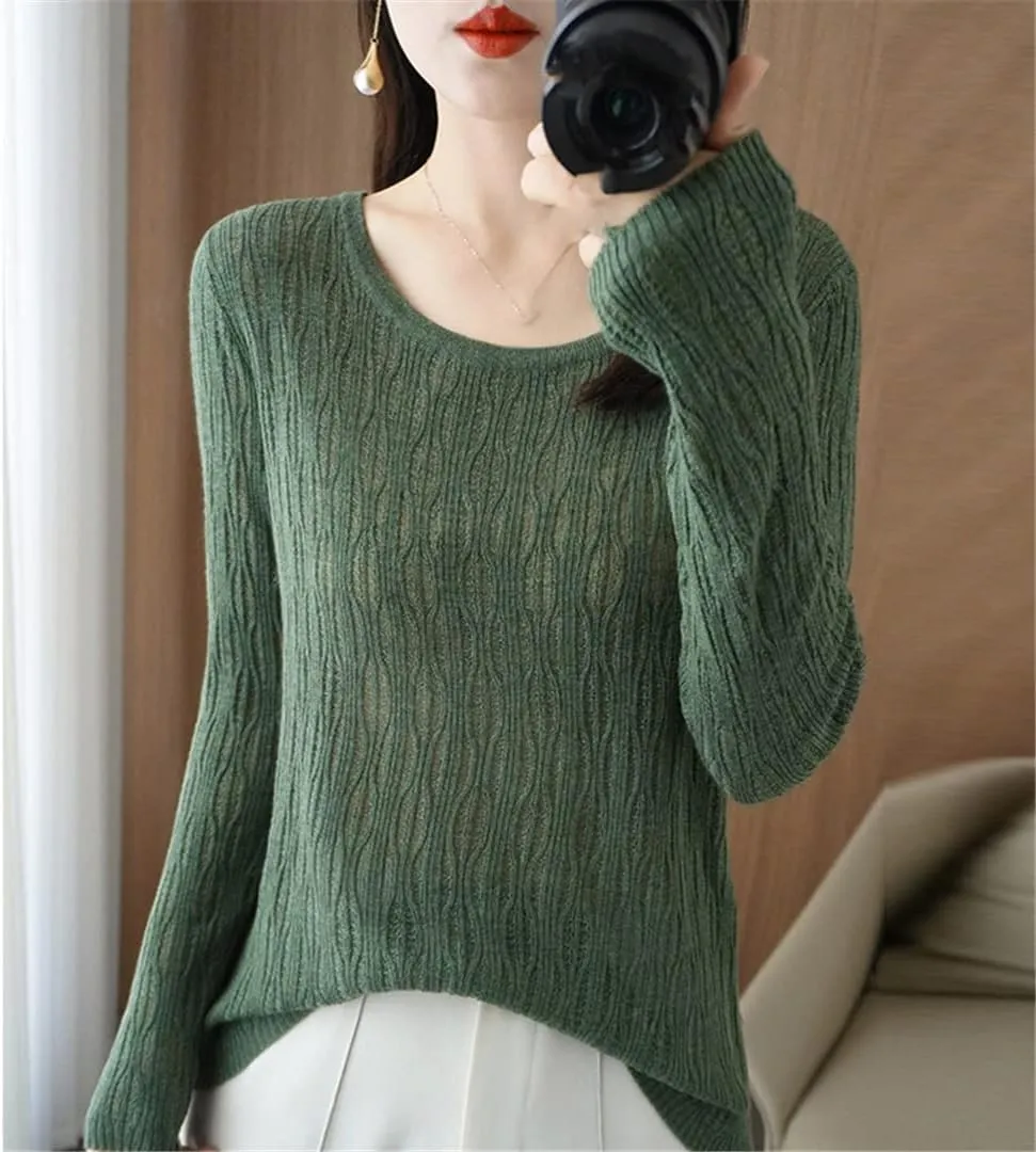 Ladies Hollow Out Cable Knit Pullover Sweaters Women's Crewneck Crochet Knit Sweaters