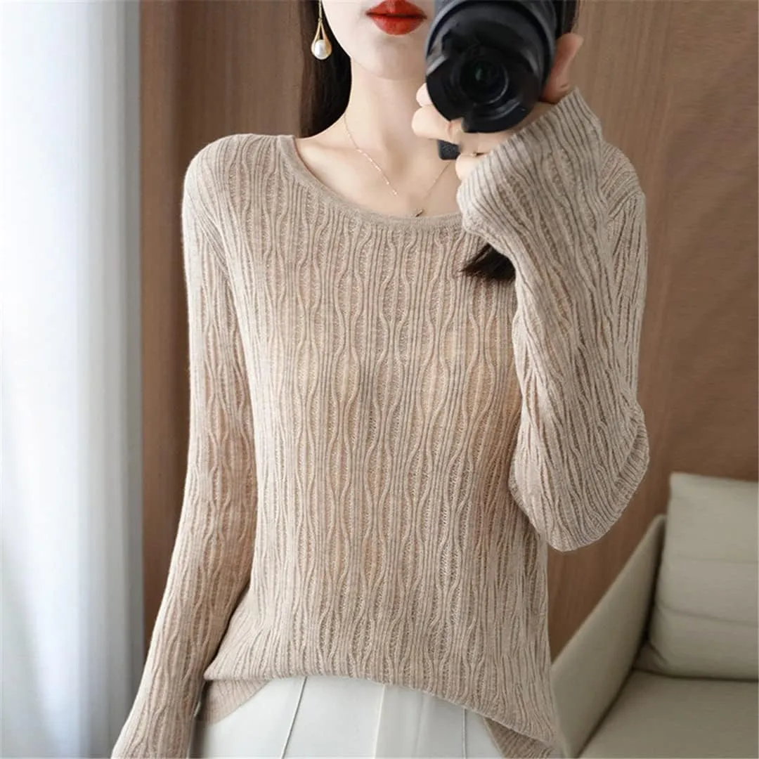 Ladies Hollow Out Cable Knit Pullover Sweaters Women's Crewneck Crochet Knit Sweaters