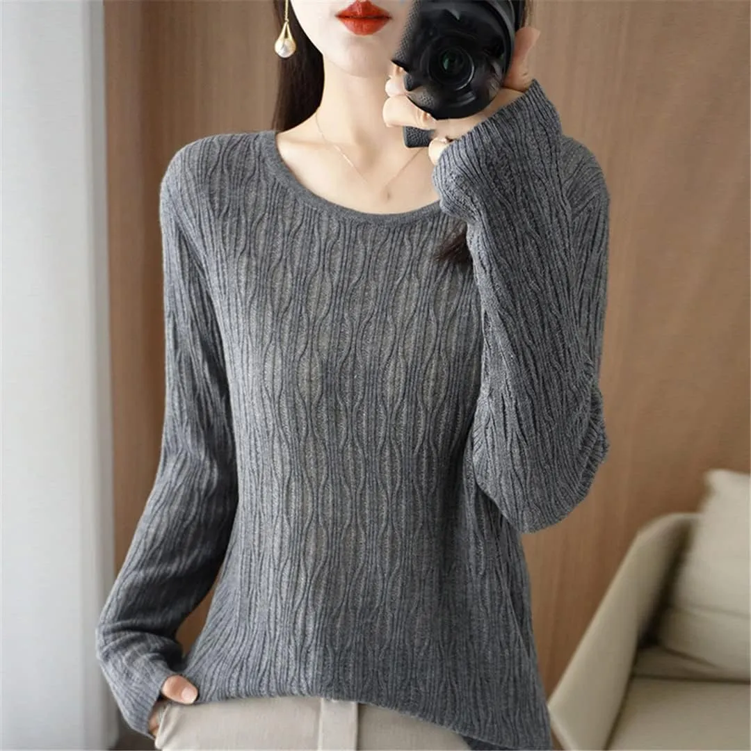 Ladies Hollow Out Cable Knit Pullover Sweaters Women's Crewneck Crochet Knit Sweaters