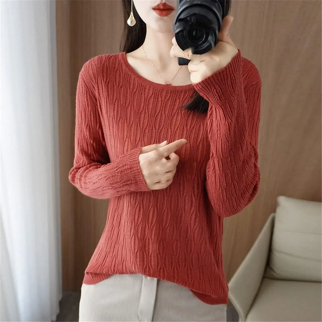 Ladies Hollow Out Cable Knit Pullover Sweaters Women's Crewneck Crochet Knit Sweaters
