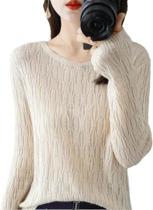 Ladies Hollow Out Cable Knit Pullover Sweaters Women's Crewneck Crochet Knit Sweaters