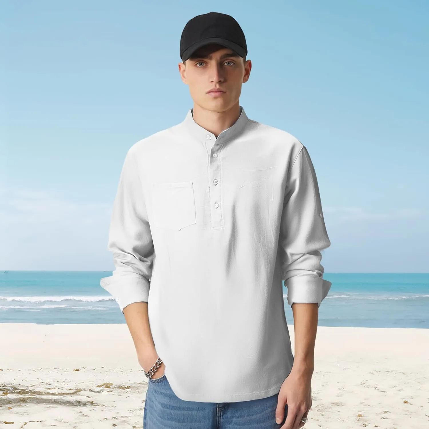 LBL Leading the Better Life Men's Cotton Linen Shirts Casual Longth Sleeve Henley Shirts for Men Beach Summer T-Shirts