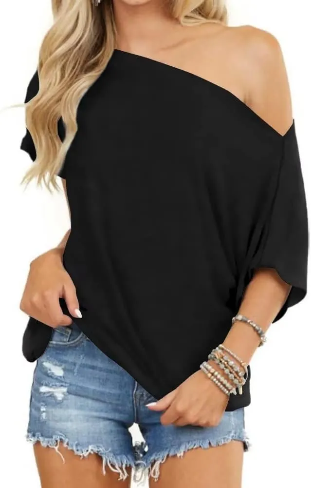 LEEDYA Women Off Shoulder Tops Short Sleeve T-Shirts Loose Blouses Oversized Tunic Tops