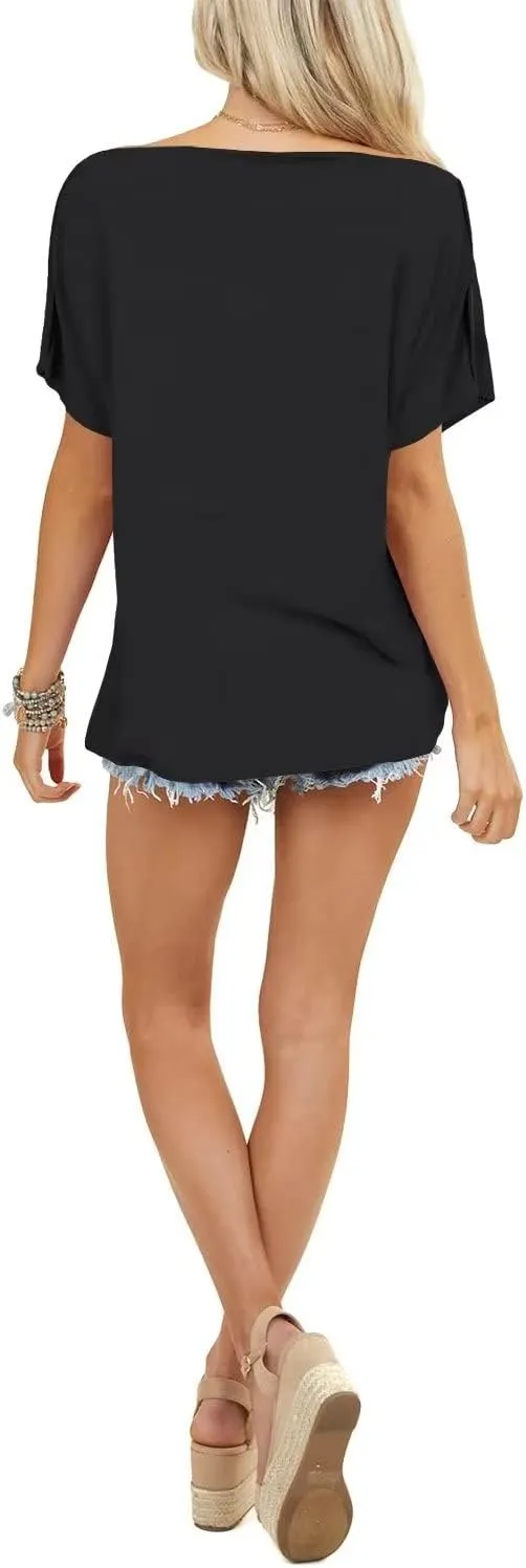 LEEDYA Women Off Shoulder Tops Short Sleeve T-Shirts Loose Blouses Oversized Tunic Tops