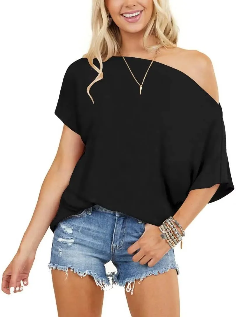 LEEDYA Women Off Shoulder Tops Short Sleeve T-Shirts Loose Blouses Oversized Tunic Tops