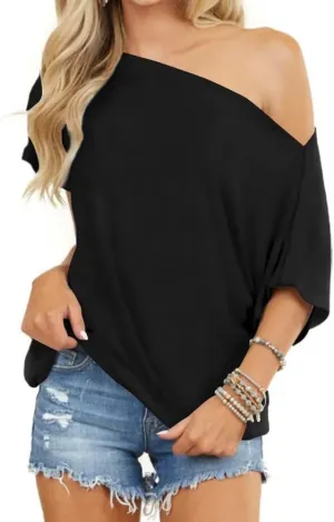 LEEDYA Women Off Shoulder Tops Short Sleeve T-Shirts Loose Blouses Oversized Tunic Tops