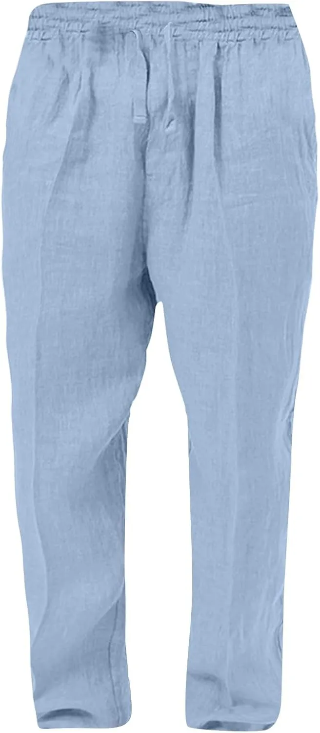 Lightweight Linen Pants Men Baggy Drawstring Summer Casual Pants Loose Fit Regular Classic Beach Trousers with Pocket
