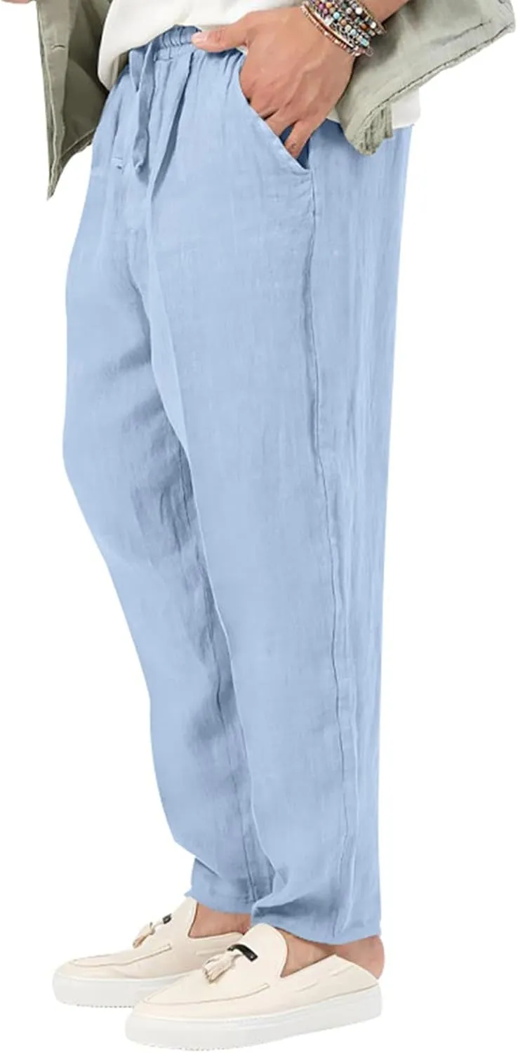 Lightweight Linen Pants Men Baggy Drawstring Summer Casual Pants Loose Fit Regular Classic Beach Trousers with Pocket